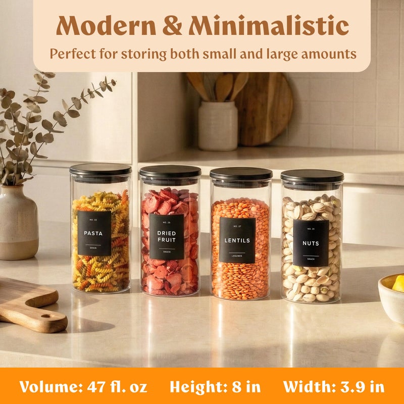 EDELHAUS Glass Storage Containers with Black Lids [4x40oz] Extra Thick Glas with 54 Labels - Canister For Pantry Noodles Flour Cereal Rice Sugar Tea Coffee Beans - Round Set - Image 2