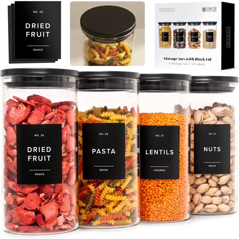 EDELHAUS Glass Storage Containers with Black Lids [4x40oz] Extra Thick Glas with 54 Labels - Canister For Pantry Noodles Flour Cereal Rice Sugar Tea Coffee Beans - Round Set - Image 1