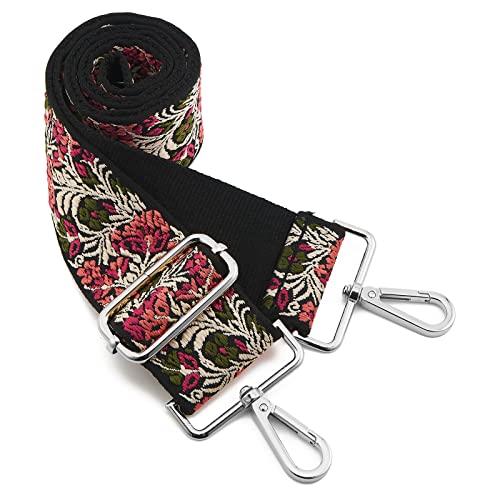 ZOOEASS Silvery Buckles Wide Shoulder Strap Adjustable Replacement Belt Guitar Style Crossbody Bag Handbag Strap Multicolor Canvas Straps(wide: 1.97"(5CM),Long:49.2in) (Embroider Flowers1) - Image 1