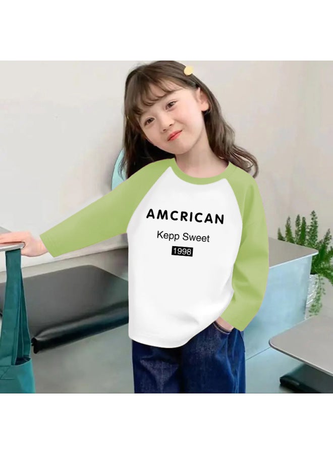 Girls' Slim-fit Base Shirt, New Spring And Autumn Style, Curved Hem, Pure Cotton, Long-sleeve, Versatile Color-blocking, Round Neck T-shirt For Older Children