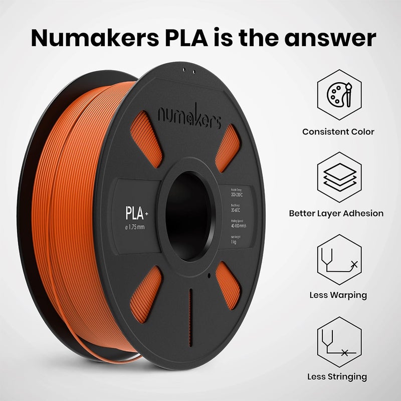 NUMAKERS PLA+ 3D Printer Filament, 1.75mm, Dimensional Accuracy +/- 0.03 mm, 1 kg Spool (2.2 lbs), Compatible with Most FDM Printers (Orange) - Image 4