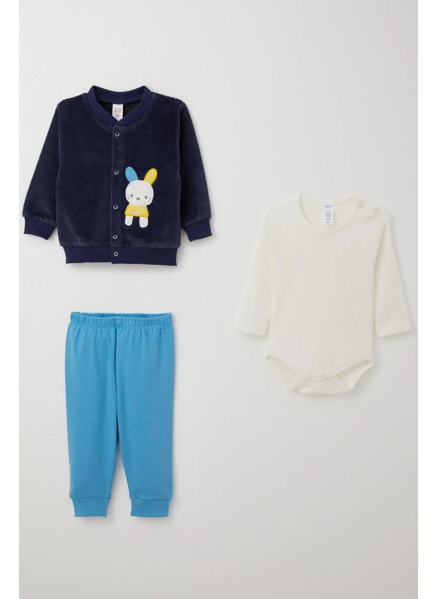 Breeze Baby Boy Bodysuit 3-Piece Set Cute Rabbit Embroidered 4 Months-1 Years, Navy Blue