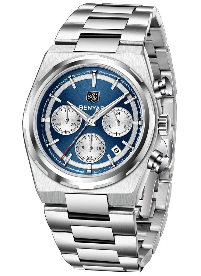 BENYAR Men's Quartz Watches Stainless Steel Structure Dark Blue Dial Silver Steel Strap Sports Waterproof Date Display Fashion Business BY5204  - Image 1