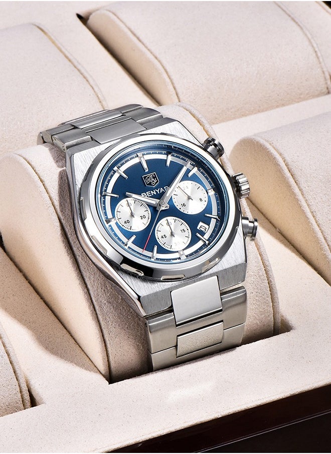 BENYAR Men's Quartz Watches Stainless Steel Structure Dark Blue Dial Silver Steel Strap Sports Waterproof Date Display Fashion Business BY5204  - Image 3