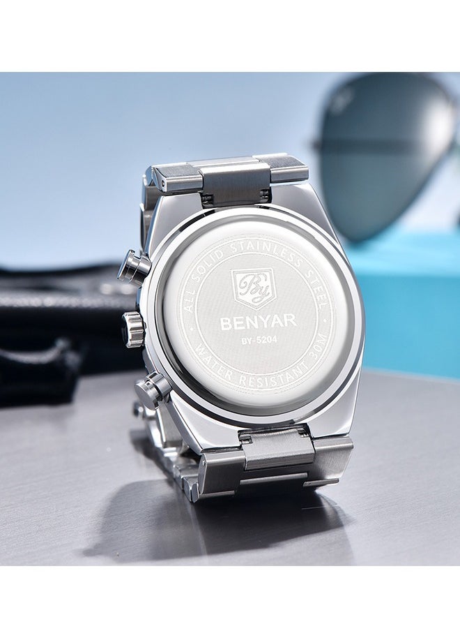 BENYAR Men's Quartz Watches Stainless Steel Structure Dark Blue Dial Silver Steel Strap Sports Waterproof Date Display Fashion Business BY5204  - Image 5
