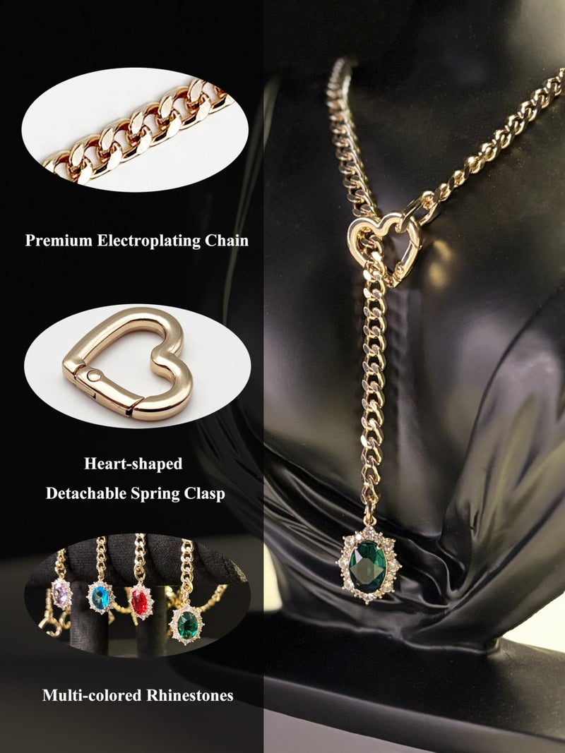 EverGlimp Women's Gold Heart O-Ring Necklace, Adjustable 25'' Cuban Chain with Detachable Heart Clasp and Colorful Rhinestone Pendant (Emerald Green) - Image 4