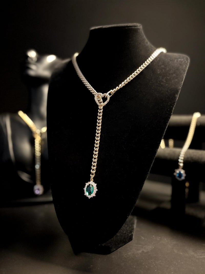 EverGlimp Women's Gold Heart O-Ring Necklace, Adjustable 25'' Cuban Chain with Detachable Heart Clasp and Colorful Rhinestone Pendant (Emerald Green) - Image 3