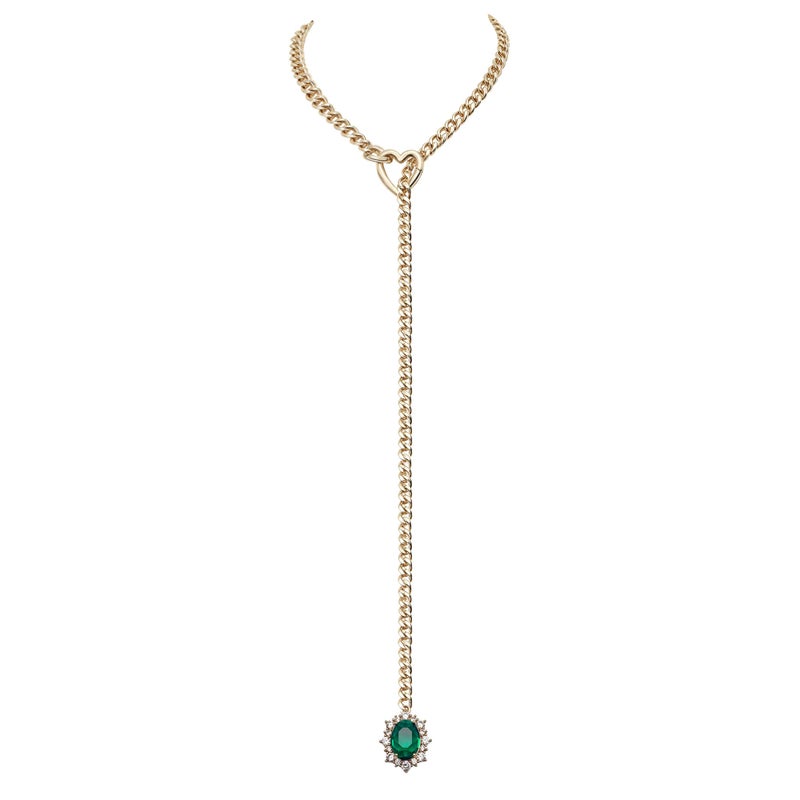 EverGlimp Women's Gold Heart O-Ring Necklace, Adjustable 25'' Cuban Chain with Detachable Heart Clasp and Colorful Rhinestone Pendant (Emerald Green) - Image 1