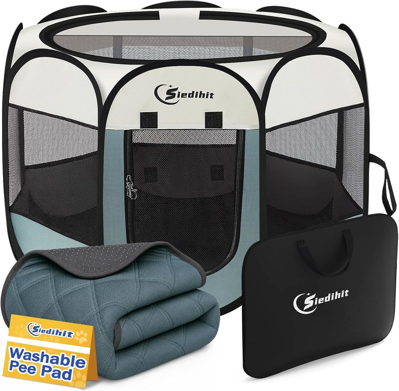 Siedihit Dog Playpen with Washable Pee Pad, Puppy Pet Cat Playpen Small Dogs Tent Crate Indoor/Outdoor, Portable Pop Up Kennel with Carrying Case for Cats/Rabbits(Grey,Small with pad) - Image 1