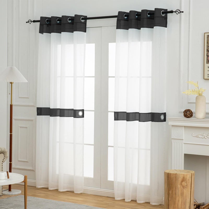 L.Z.E White and Black Sheer Curtains 84 Inches Long 2 Panels Set,Transparent Elegant Window Curtains for Living Room Bedroom Office Nursery, Grommet Lightweight Decorative Curtain with Design - Image 2
