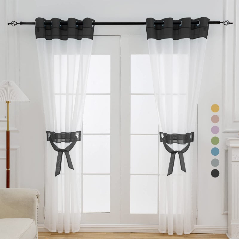 L.Z.E White and Black Sheer Curtains 84 Inches Long 2 Panels Set,Transparent Elegant Window Curtains for Living Room Bedroom Office Nursery, Grommet Lightweight Decorative Curtain with Design - Image 1