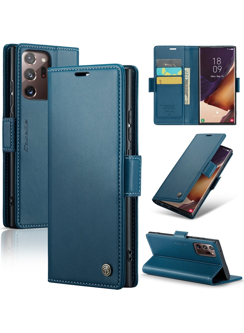 جراب هاتف لسامسونج غالاكسي نوت 20 الترا المضادة للخدش الجلود مسنده فتحة للبطاقات المال جيب الأزرق - Image 1