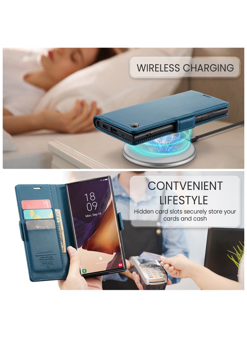 جراب هاتف لسامسونج غالاكسي نوت 20 الترا المضادة للخدش الجلود مسنده فتحة للبطاقات المال جيب الأزرق - Image 5