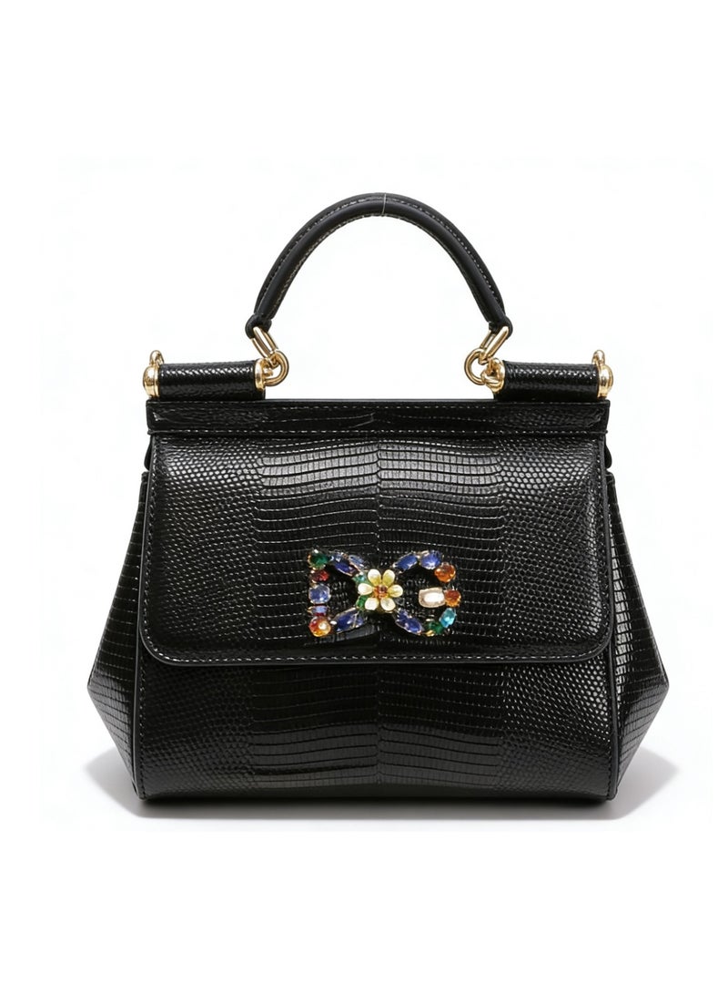 D&G Dolce&Gabbana Black Lizard Printed Top Bag - Colorful Jewelry DG Logo Handbag, Suitable for Luxury Leisure and Formal Styling - Image 1