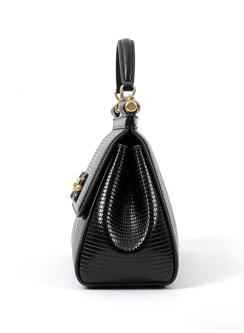 D&G Dolce&Gabbana Black Lizard Printed Top Bag - Colorful Jewelry DG Logo Handbag, Suitable for Luxury Leisure and Formal Styling - Image 3