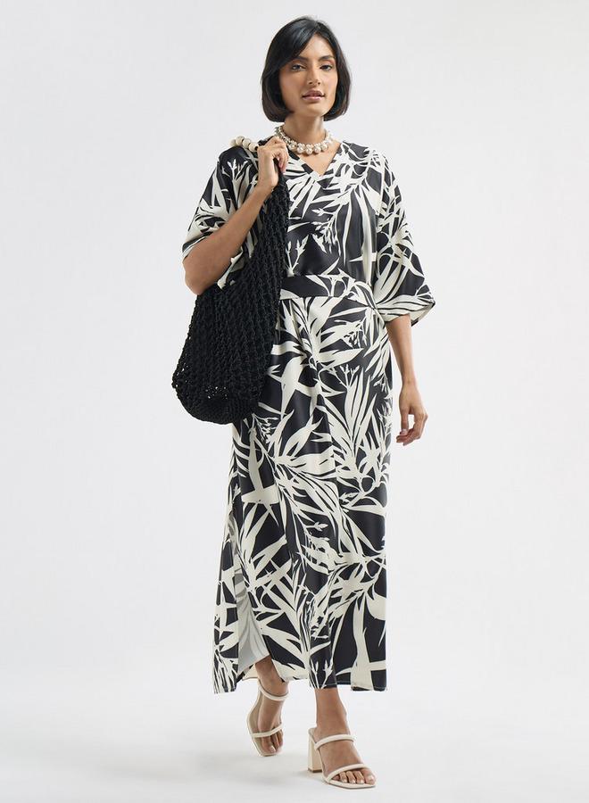 Splash FAV All-Over Tropical Print V-neck Kaftan Dress with Tie-Up Belt and Slit Detail - Image 1