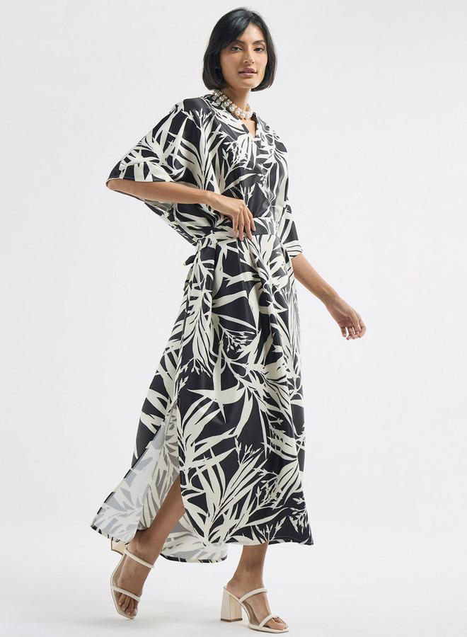 Splash FAV All-Over Tropical Print V-neck Kaftan Dress with Tie-Up Belt and Slit Detail - Image 2