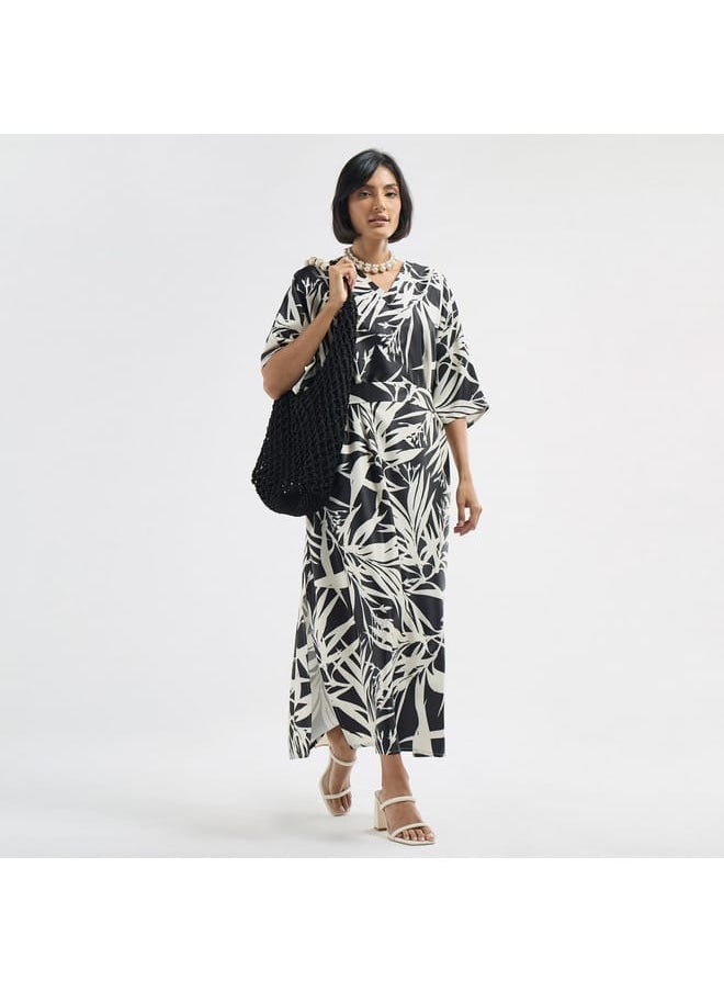 FAV All-Over Tropical Print V-neck Kaftan Dress with Tie-Up Belt and Slit Detail  - Image 1
