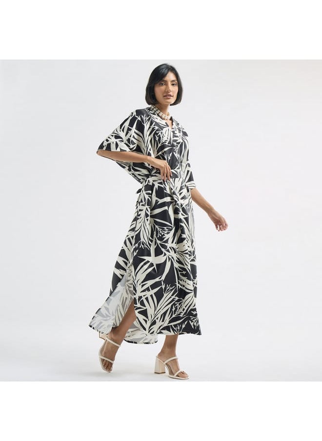 FAV All-Over Tropical Print V-neck Kaftan Dress with Tie-Up Belt and Slit Detail  - Image 2