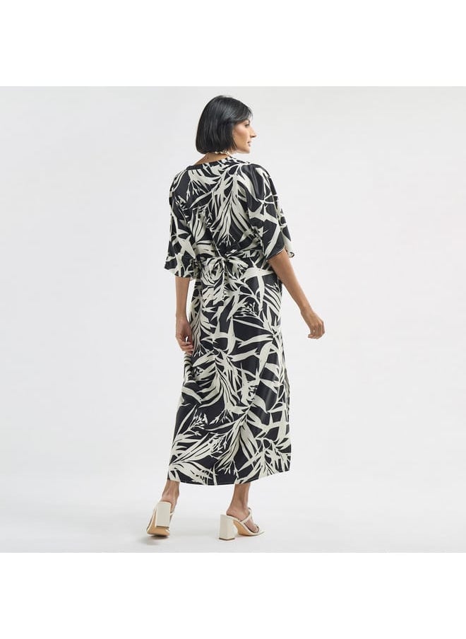 FAV All-Over Tropical Print V-neck Kaftan Dress with Tie-Up Belt and Slit Detail  - Image 3