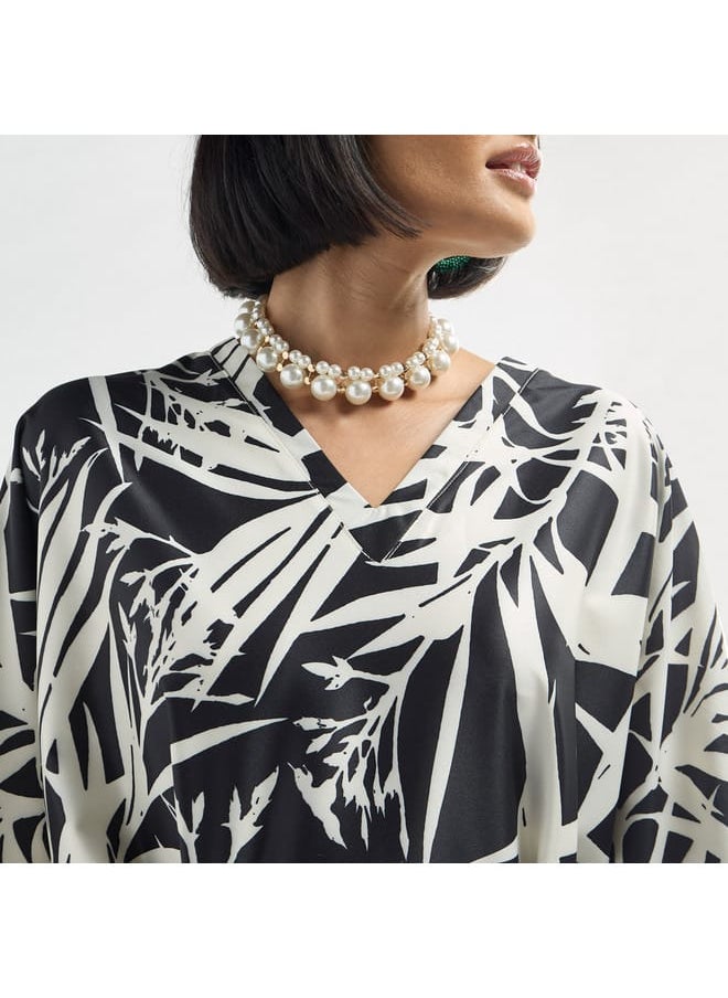 FAV All-Over Tropical Print V-neck Kaftan Dress with Tie-Up Belt and Slit Detail  - Image 4