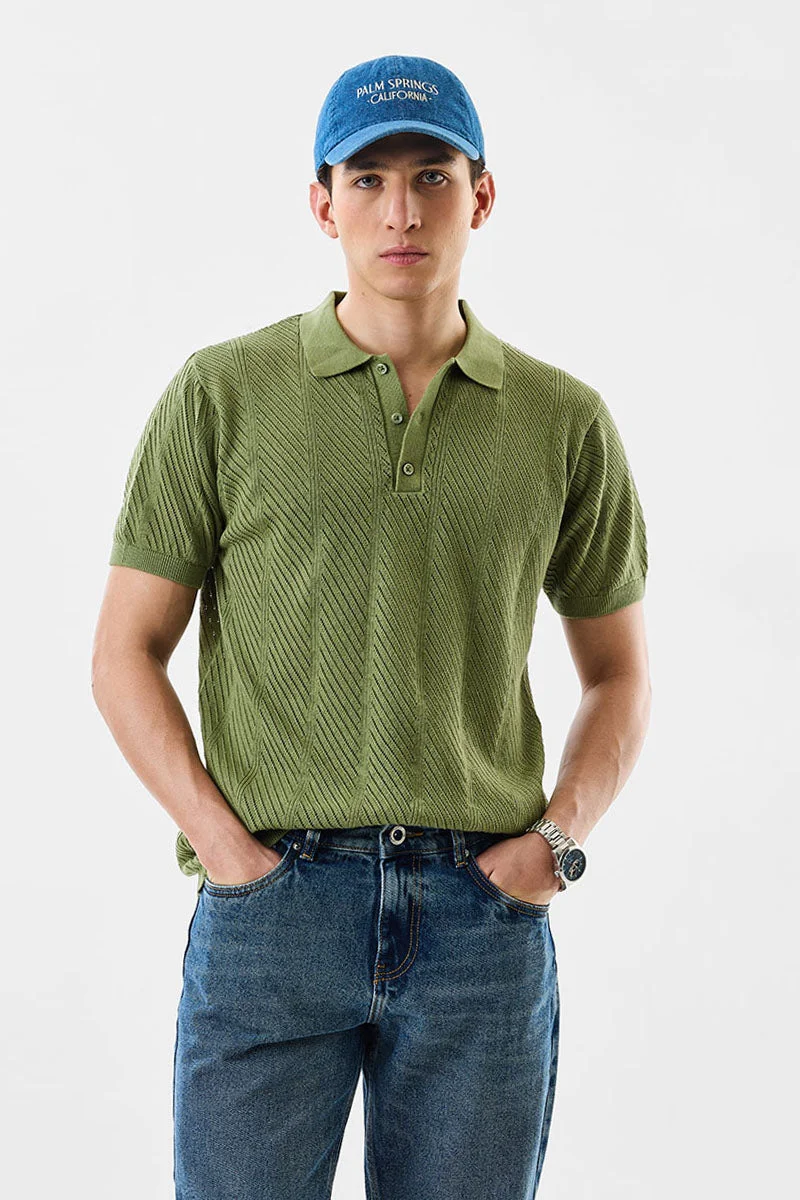 SNITCH Slim Fit Cotton Knitted Green Polo T-Shirt