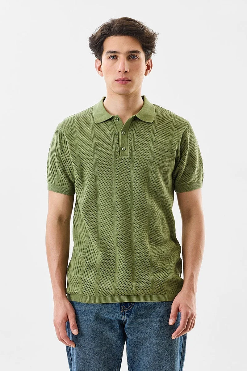 سنيتش تيشيرت بولو قطن محبوك أخضر بقصة ضيقة