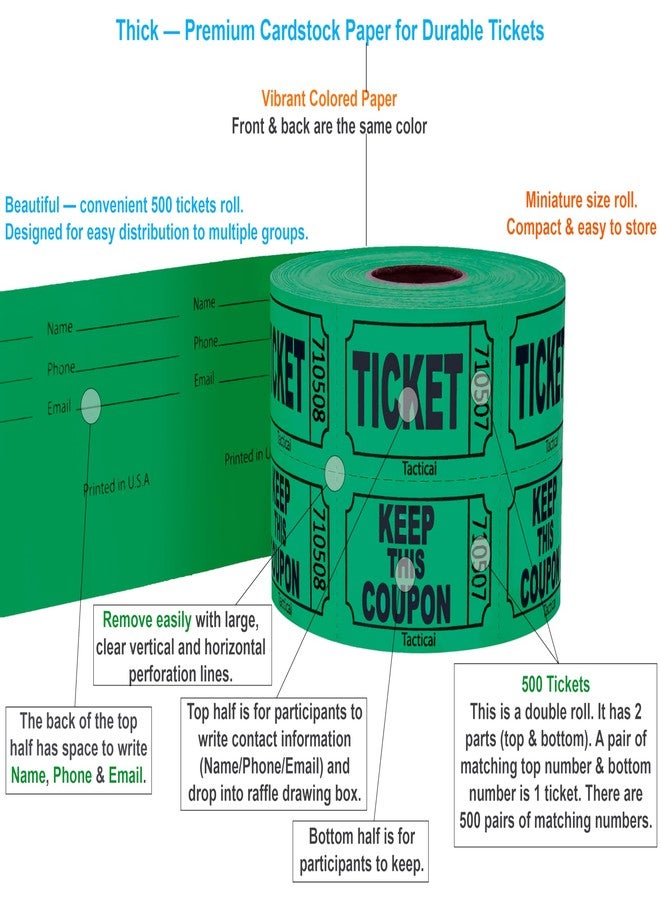Tacticai 500 Raffle Tickets, Green (1 of 8 Colors), Double Roll, Ticket for Events, Entry, Class Reward, Fundraiser & Prizes - Image 2
