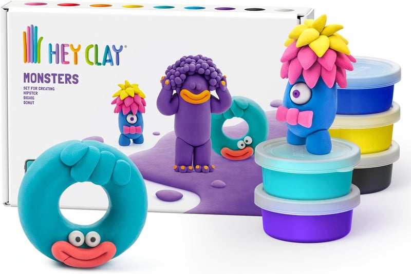 HEY CLAY -DIY Monsters: Hipster, Cyclops, Donut Plastic Creative Modelling Air-Dry Clay For Kids 6 Cans - Image 1