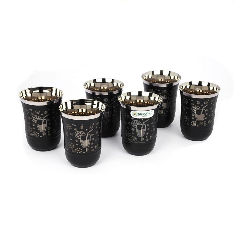 coconut Stainless Steel Decorative Glass Tumblers with Design Black and Silver Set of 6