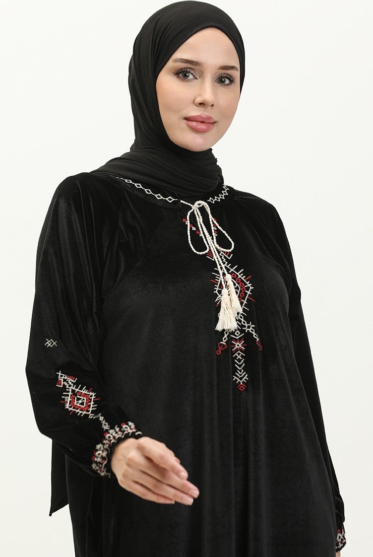 Sefa Merve Plus Size Embroidered Velvet Dress 24K9058-03 Black  - Image 3