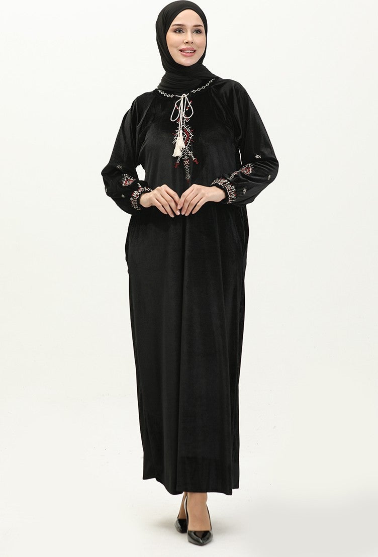 Sefa Merve Plus Size Embroidered Velvet Dress 24K9058-03 Black  - Image 2