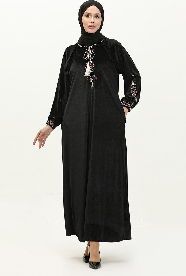 Sefa Merve Plus Size Embroidered Velvet Dress 24K9058-03 Black  - Image 1