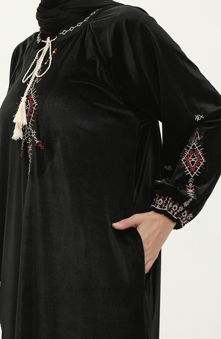 Sefa Merve Plus Size Embroidered Velvet Dress 24K9058-03 Black  - Image 4