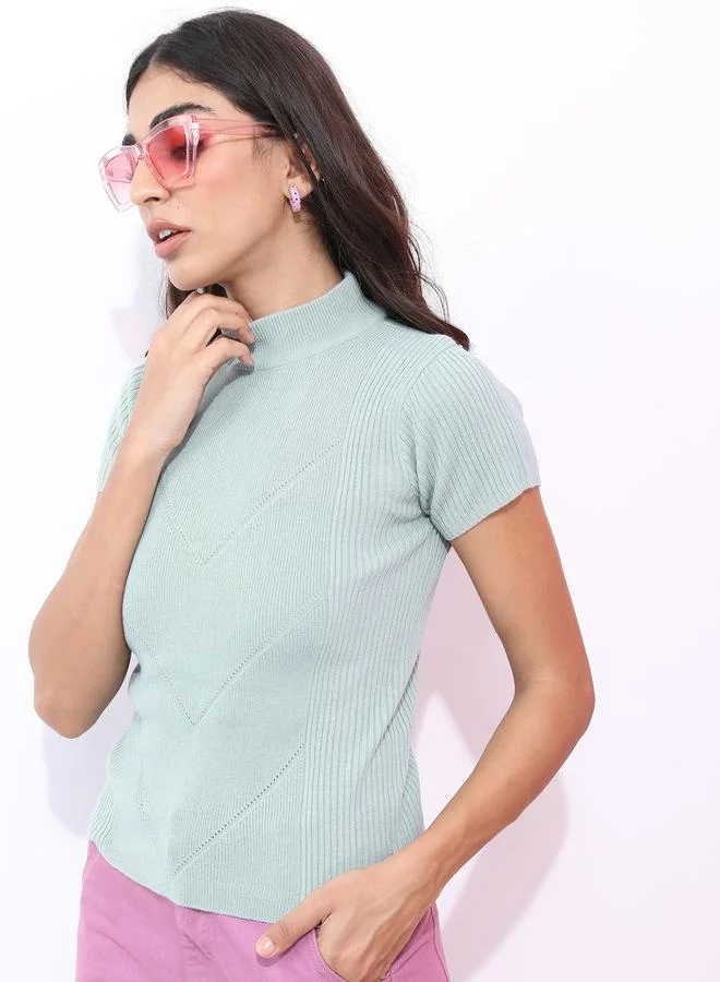 Ketch Solid High Neck Ribbed Sweater by Styli