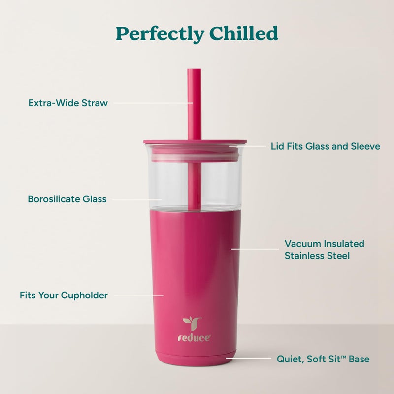 REDUCE Aspen 20 oz Vacuum Insulated Glass Tumbler with Lid & Extra Wide Straw - Keeps Drinks Cold for 12 Hrs - Ideal for Iced Coffee, Smoothies & Boba - Dishwasher Safe, Soft Base - Dragonfruit - Image 3