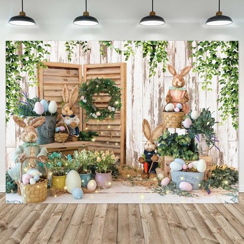 Felortte 7x5ft Polyester Spring Easter Backdrop Rustic White Wooden Wall Colorful Eggs Rabbit Photography Background for Birthday Baby Shower Party Decor Portrait Banner Photo Booth Studio Props - Image 1