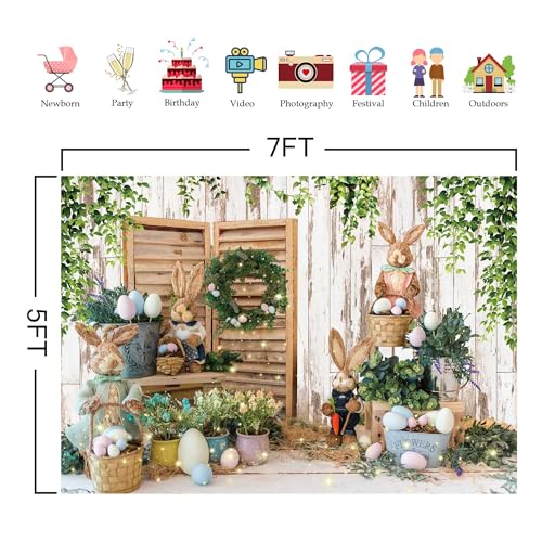 Felortte 7x5ft Polyester Spring Easter Backdrop Rustic White Wooden Wall Colorful Eggs Rabbit Photography Background for Birthday Baby Shower Party Decor Portrait Banner Photo Booth Studio Props - Image 5