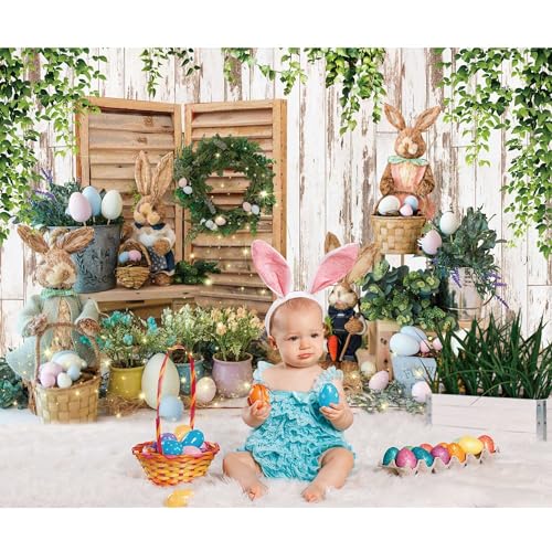 Felortte 7x5ft Polyester Spring Easter Backdrop Rustic White Wooden Wall Colorful Eggs Rabbit Photography Background for Birthday Baby Shower Party Decor Portrait Banner Photo Booth Studio Props - Image 3