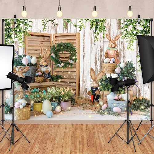 Felortte 7x5ft Polyester Spring Easter Backdrop Rustic White Wooden Wall Colorful Eggs Rabbit Photography Background for Birthday Baby Shower Party Decor Portrait Banner Photo Booth Studio Props - Image 2