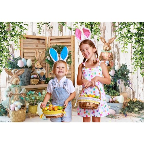 Felortte 7x5ft Polyester Spring Easter Backdrop Rustic White Wooden Wall Colorful Eggs Rabbit Photography Background for Birthday Baby Shower Party Decor Portrait Banner Photo Booth Studio Props - Image 4