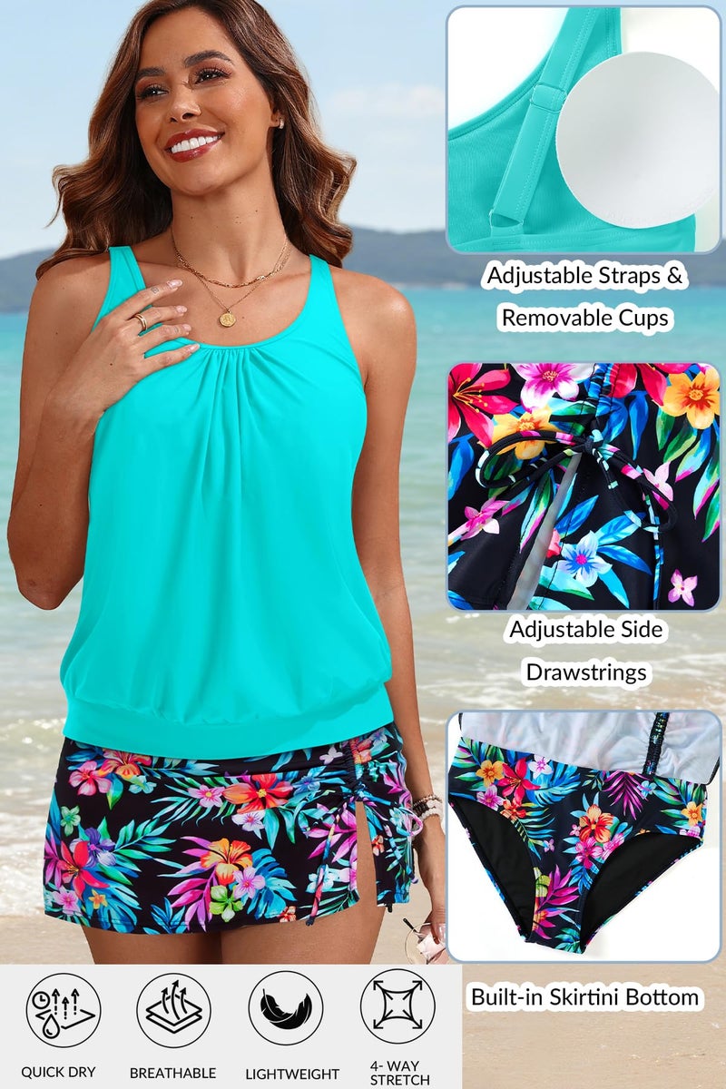 Yonique Women's Blouson Tankini Swimsuits with Skirts - Two Piece Bathing Suits Tankini Modest 2026 Swimwear Aqua Colorful Floral L - Image 4