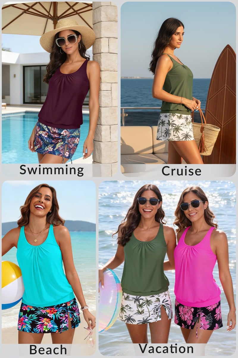 Yonique Women's Blouson Tankini Swimsuits with Skirts - Two Piece Bathing Suits Tankini Modest 2026 Swimwear Aqua Colorful Floral L - Image 5