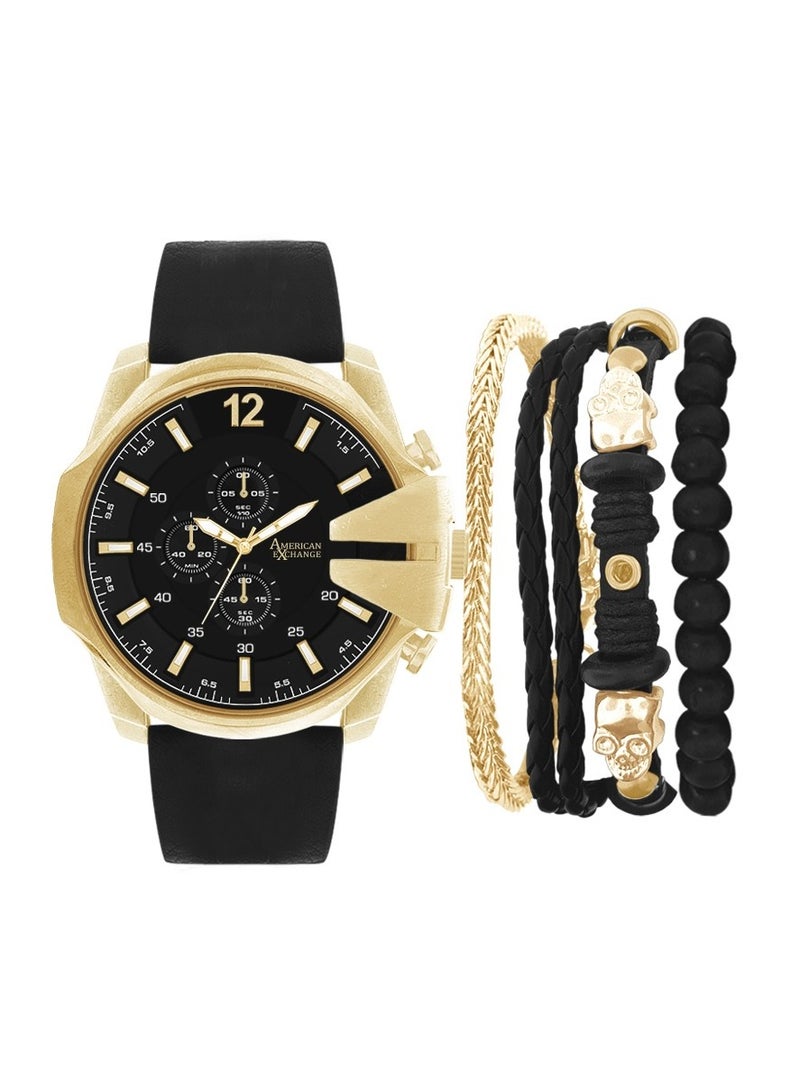 American Exchange Mens Gold/Black Stackable Analougue Watch and Bracelet with PU Leather Strap, 5475G-42-G02