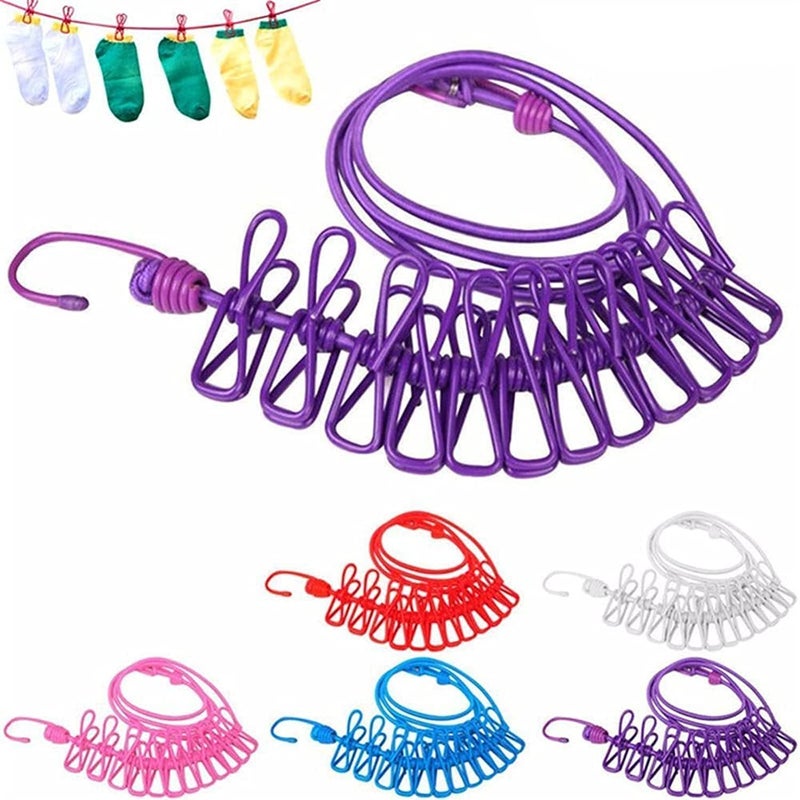 SHOPOBOX Travel Elastic Clothesline Laundry Line Camping Clothes Lines Adjustable Clothes Rope with 12pcs Clothespins Portable Clothesline with Clips for Outdoor Indoor Windproof Clothesline 2