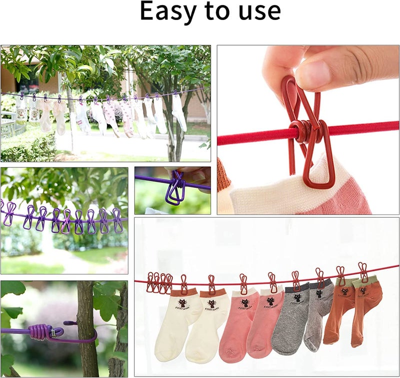 SHOPOBOX Travel Elastic Clothesline Laundry Line Camping Clothes Lines Adjustable Clothes Rope with 12pcs Clothespins Portable Clothesline with Clips for Outdoor Indoor Windproof Clothesline 2