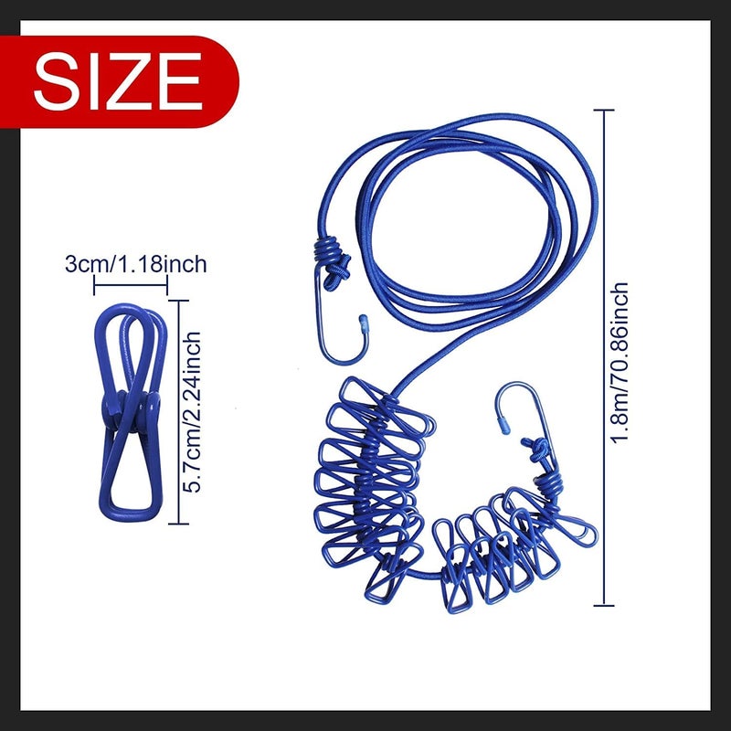 SHOPOBOX Travel Elastic Clothesline Laundry Line Camping Clothes Lines Adjustable Clothes Rope with 12pcs Clothespins Portable Clothesline with Clips for Outdoor Indoor Windproof Clothesline 2