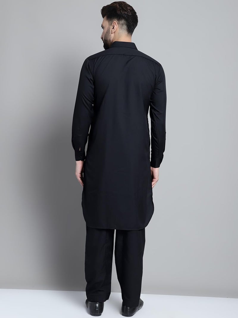 Jompers Men's Cotton Solid Pathani Kurta with Salwar (Black, XL) - Image 2