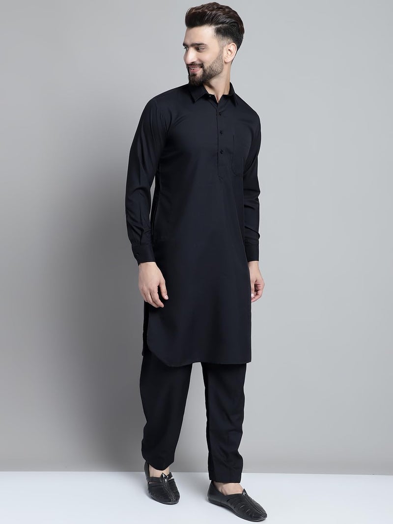 Jompers Men's Cotton Solid Pathani Kurta with Salwar (Black, XL) - Image 3