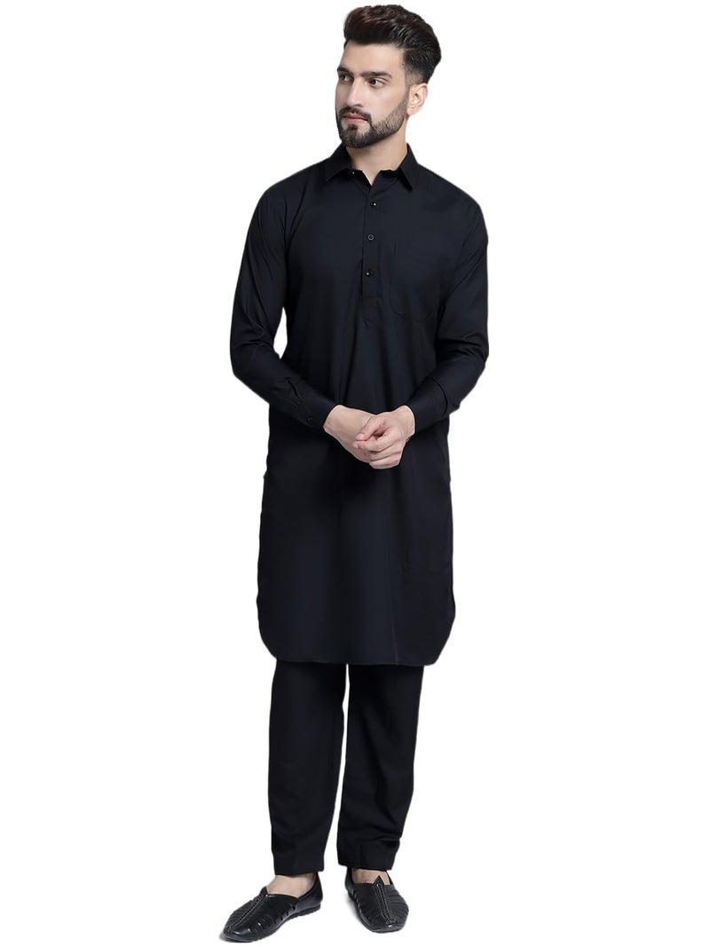 Jompers Men's Cotton Solid Pathani Kurta with Salwar (Black, XL) - Image 1